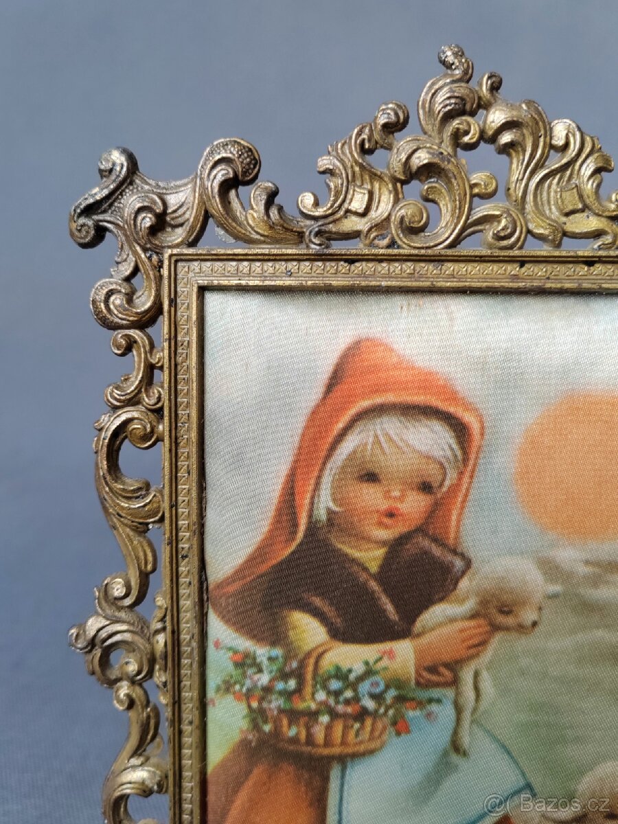 Nádherný obrázek na hedvábí v mosazném ramu (Itálie) - 5