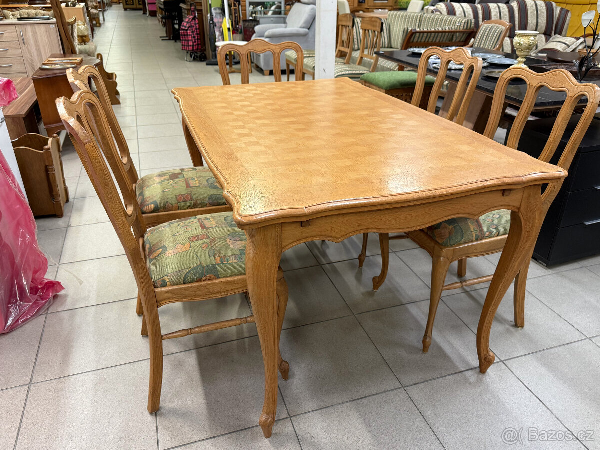 Intarzovaný dubový stůl a šest dubových židlí - 5