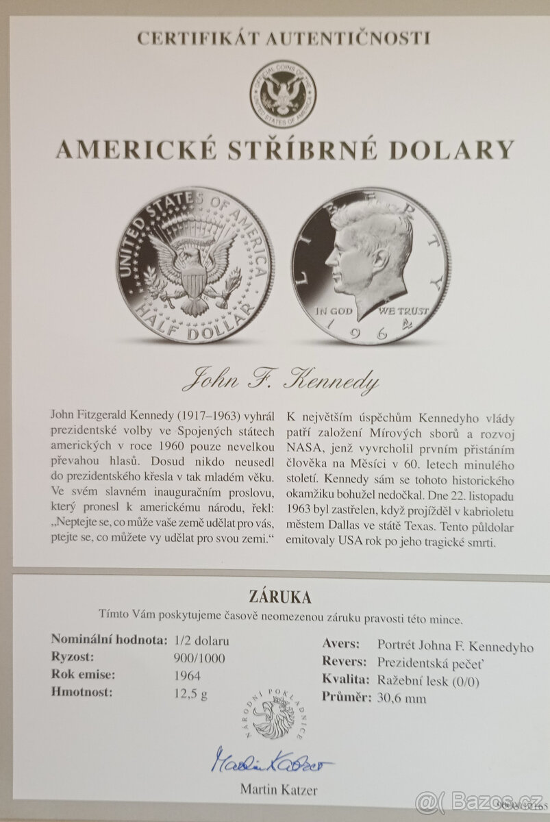 Americký stříbrný půldolar – Kennedy 1964 – ryzost 900/1000 - 5