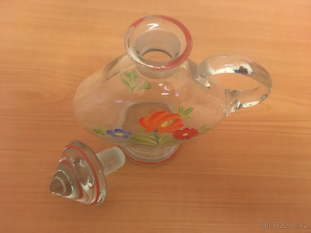 Starožitná skleněná malovaná karafa - lidové vzory - 5