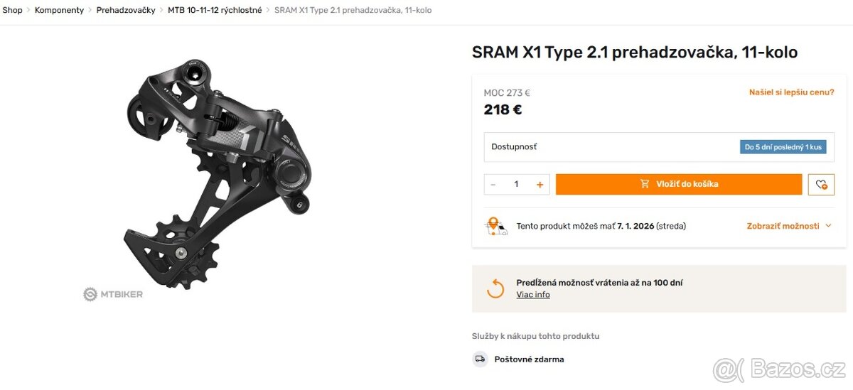 SRAM X1 Type 2.1 přehazovačka, nová - 5