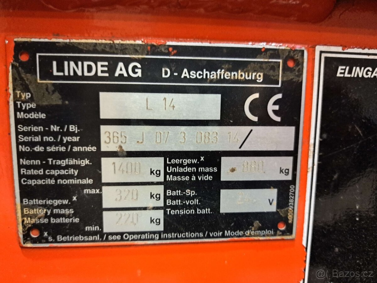 Elektrický paletový zakladač/vozík LINDE (Typ L14), Nosnost - 5