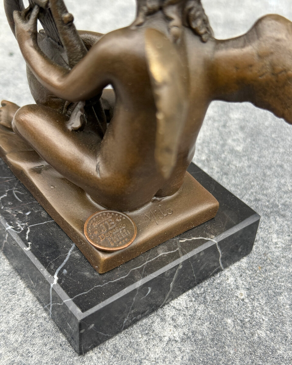 Bronzová andělská soška Putto s lyrou anděl dítě figurka - 5
