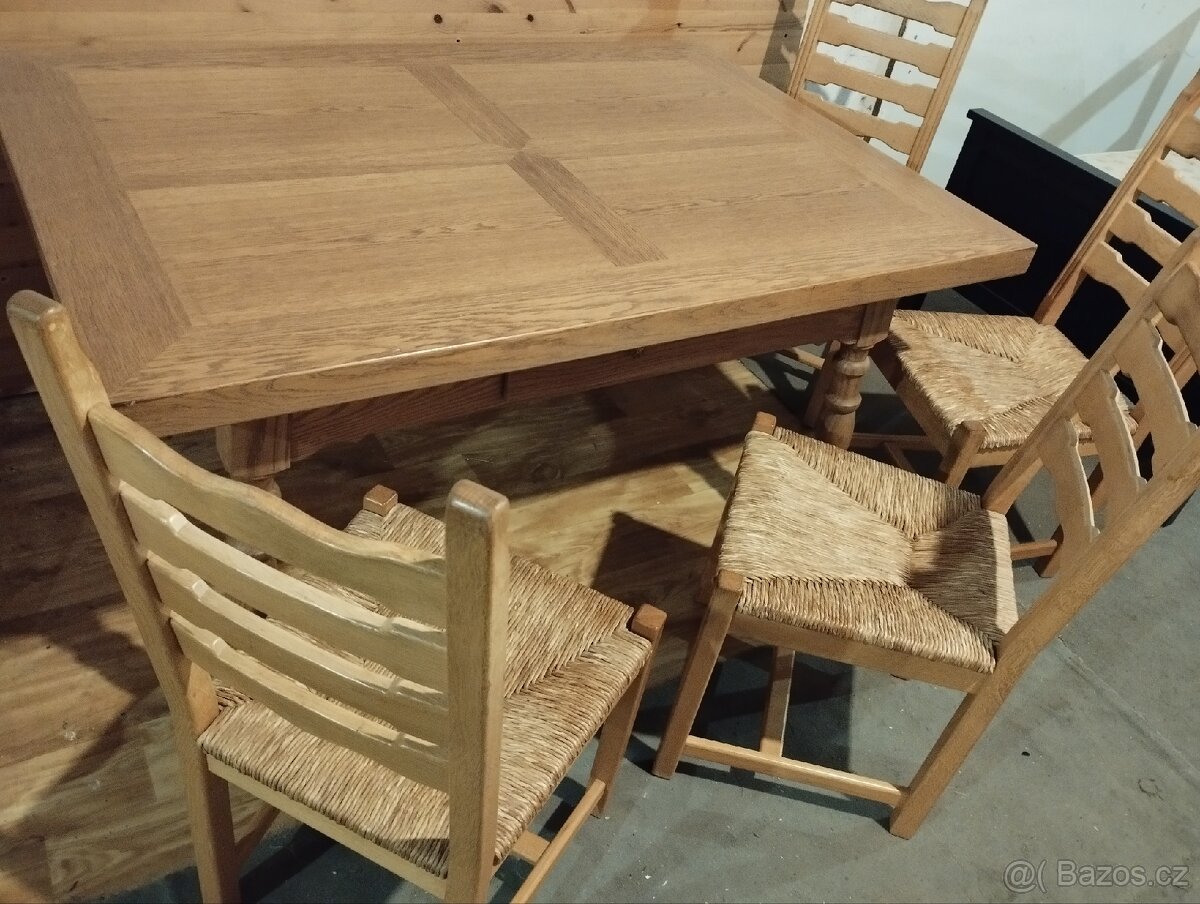 Masivní dubový stůl se šuplikem a 6 židlí - 5