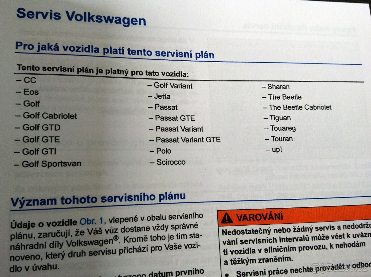VW orig CZ nevyplněná servisní kniha