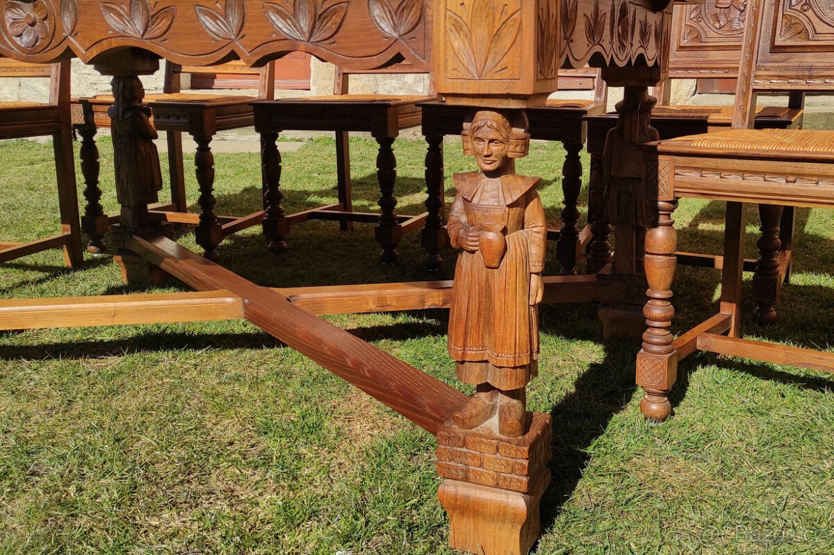 Starožitný dubový rozkládací stůl a 6 židlí - 5