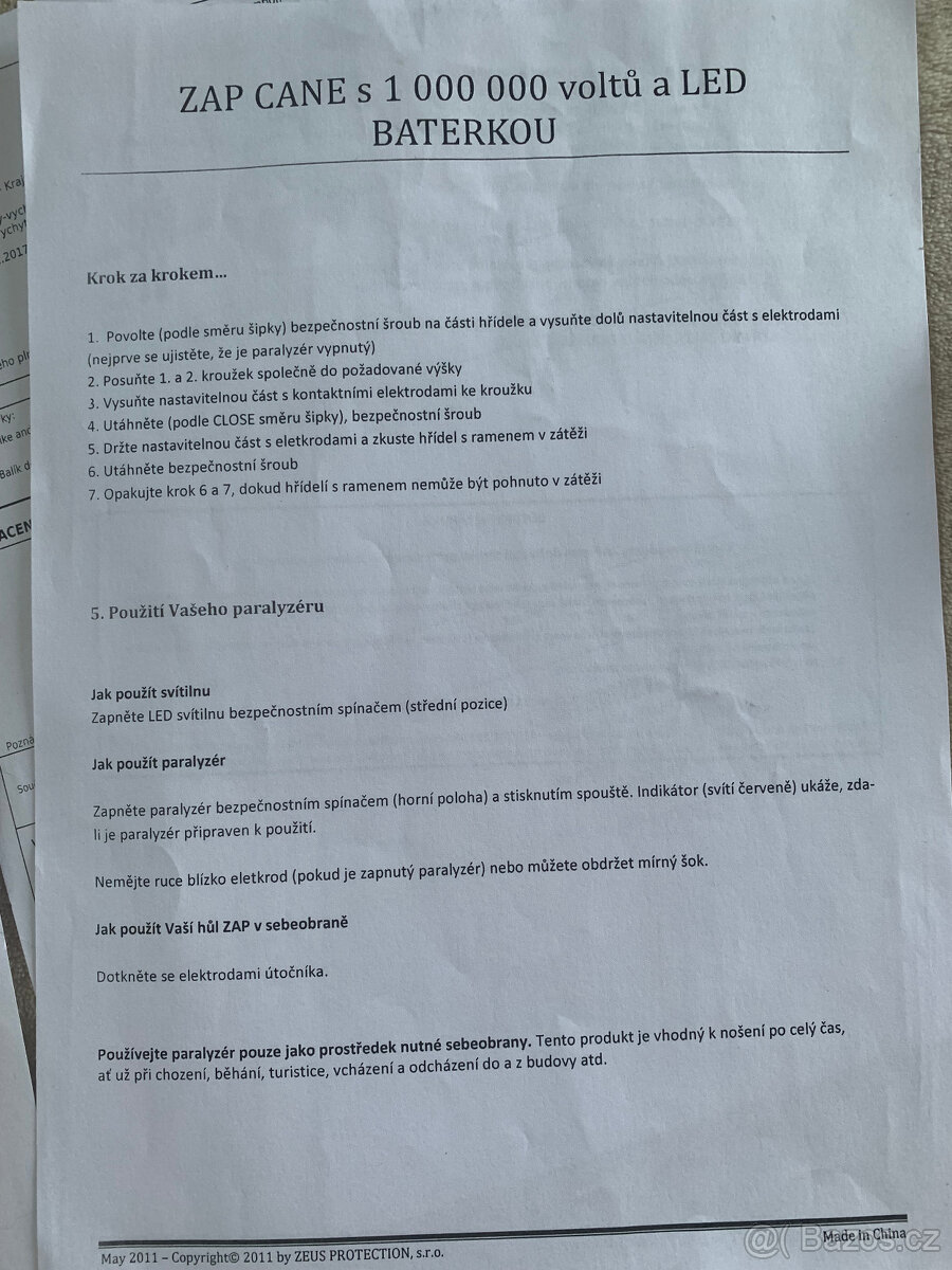 Zap Cane paralyzační hůl 1 000 000 v.; dále ruční paralyzér - 5