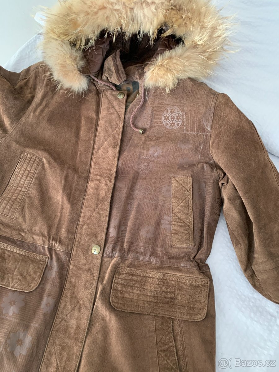 Tmavě hnědá kožená dámská parka s pravou kožešinou - 5