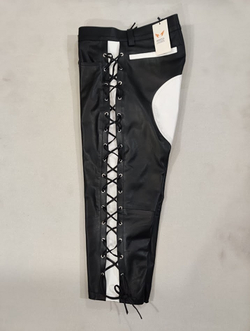 Moto Kožene Šnurovacie Nohavice Biele-Žlte - 5