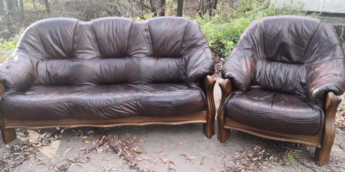 Kožená sedací souprava 3+1+1 s masivním dřevem - 5