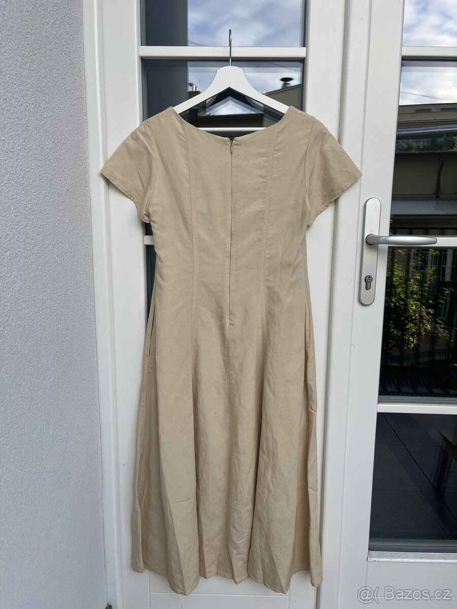 Béžové lněné midi šaty od Uniqlo - 5