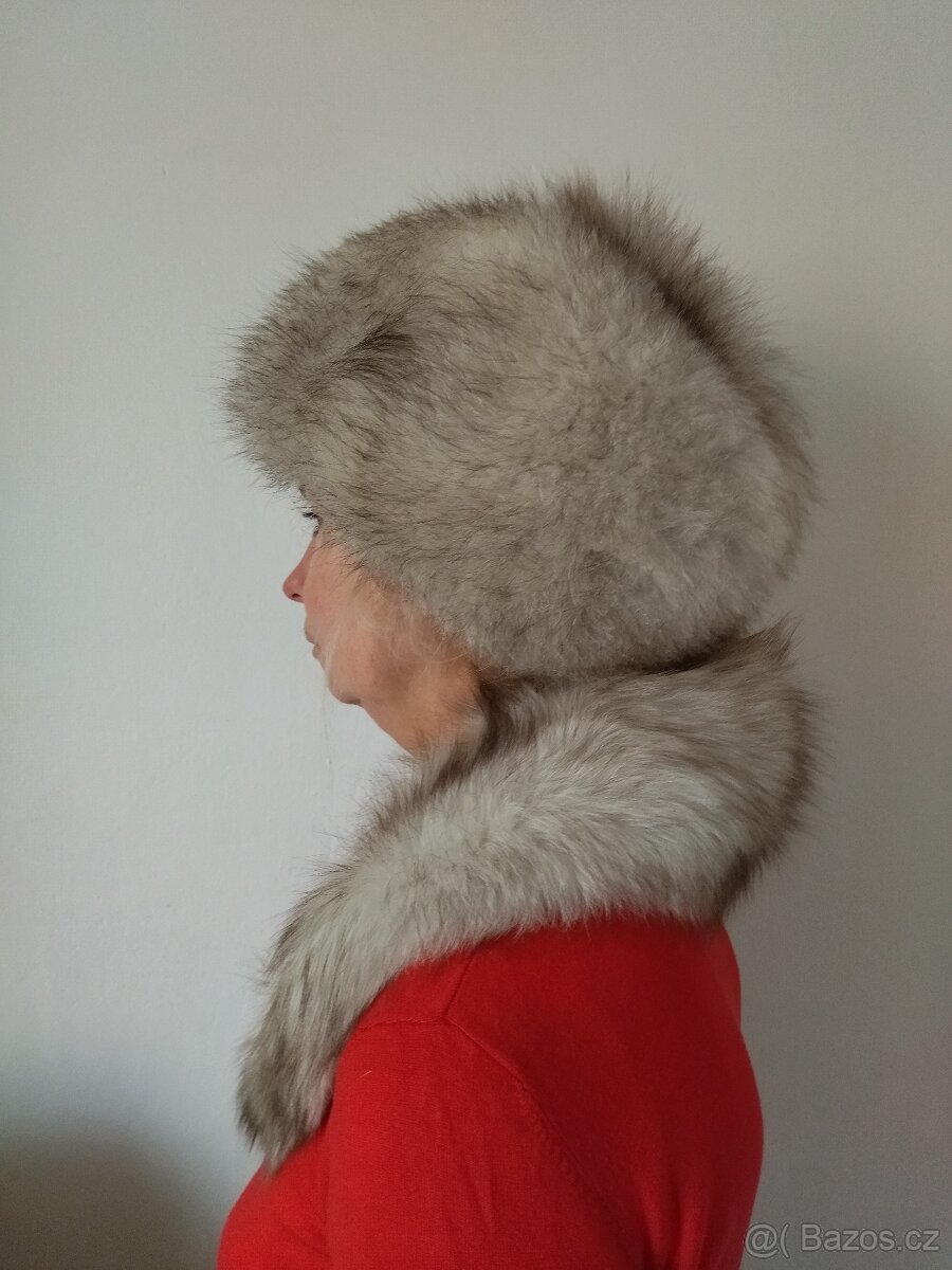 Čepice + límec kožešina stříbrná liška - 5