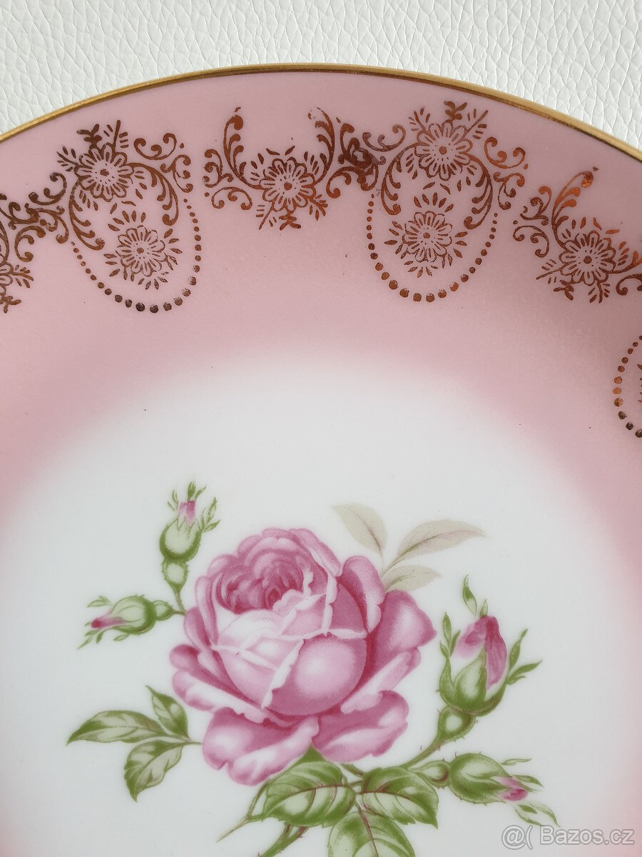 Porcelánový pozlacený růžový talíř růže růžička - 5
