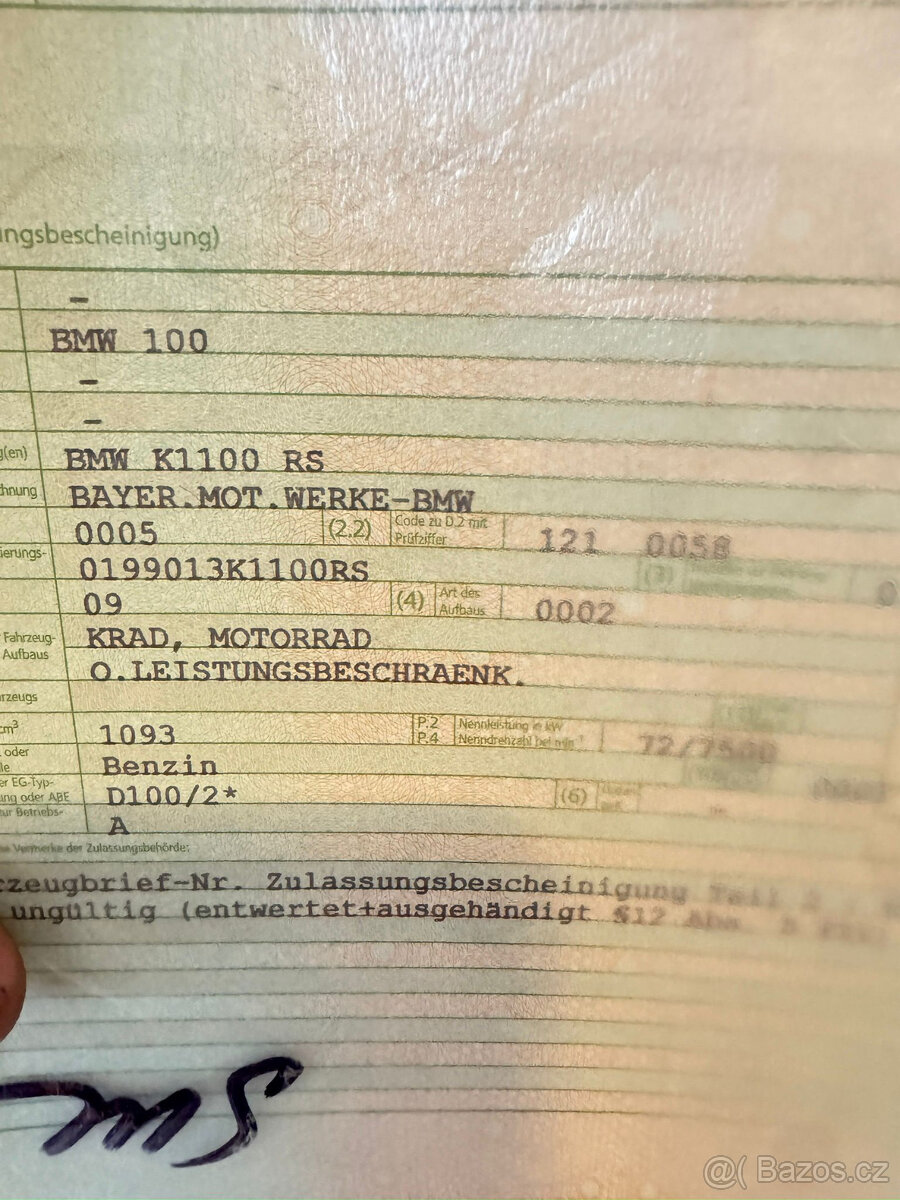 Kompletní rám s něměckými doklady BMW K1100 RS - 5