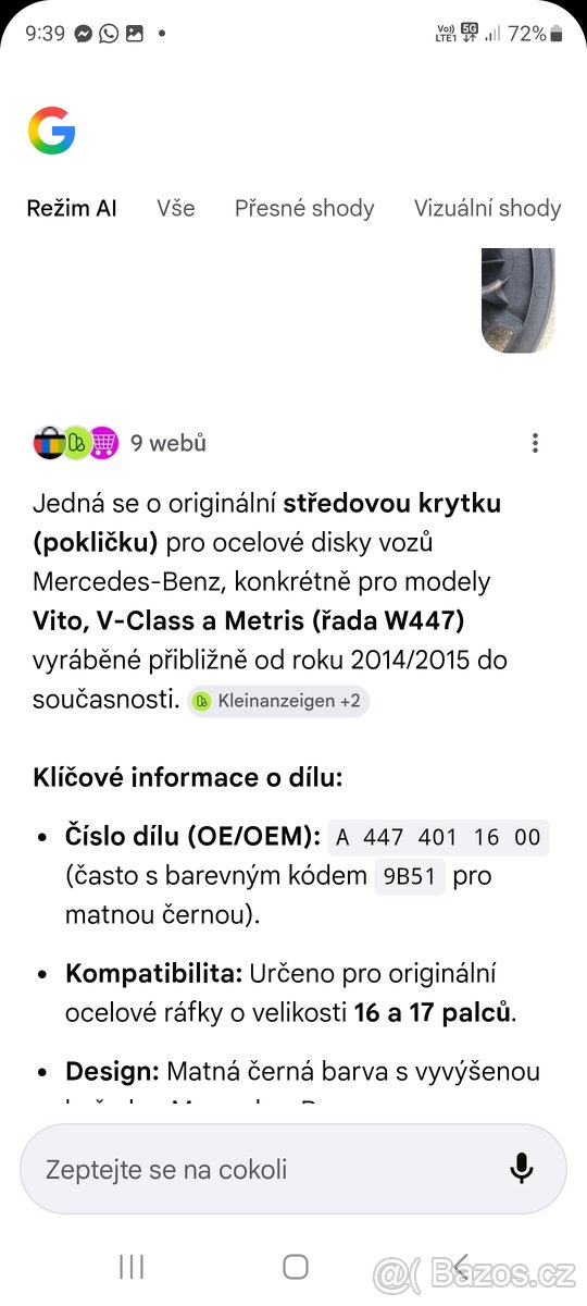 Prodám kryty kol ( poklice , pokličky ) MB Vito - 5