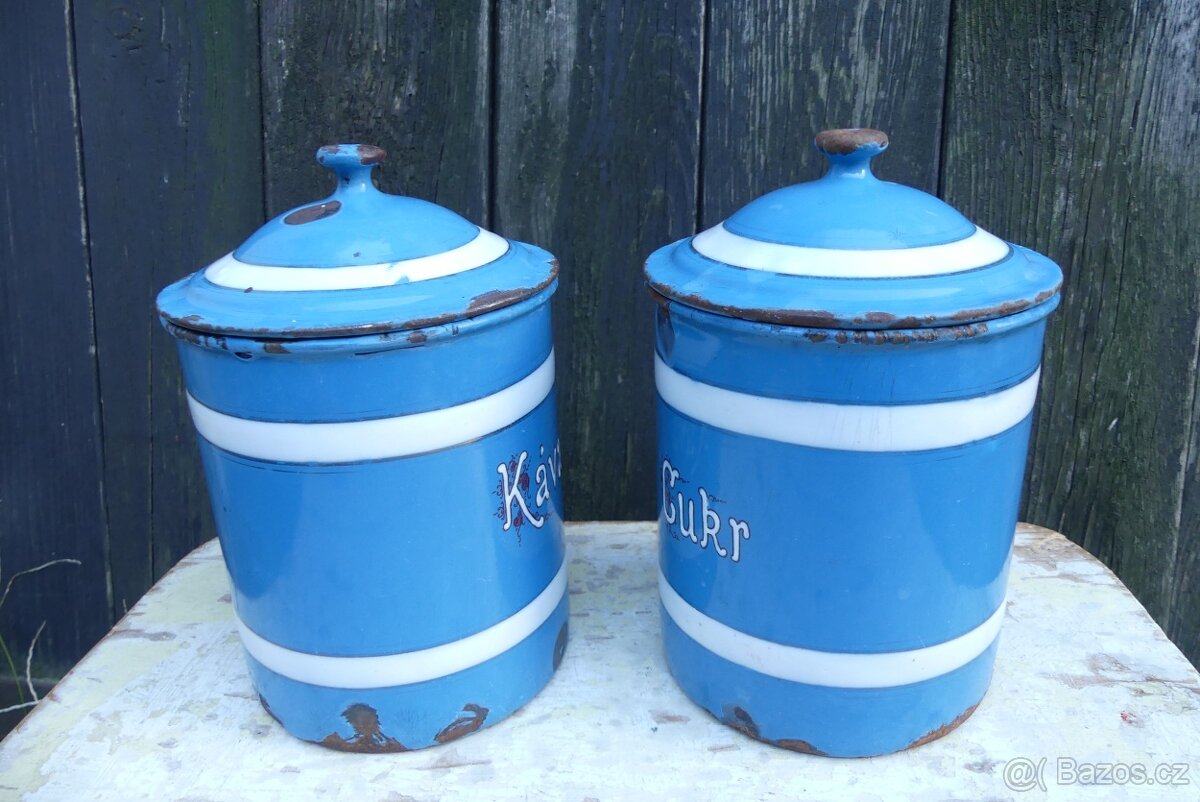 Cukr a káva, smaltované dózy s víkem, modrý smalt - 5