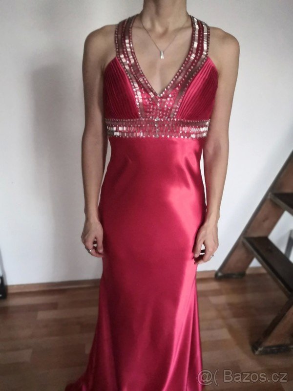 Saténové červené plesové šaty vel. S M - 5