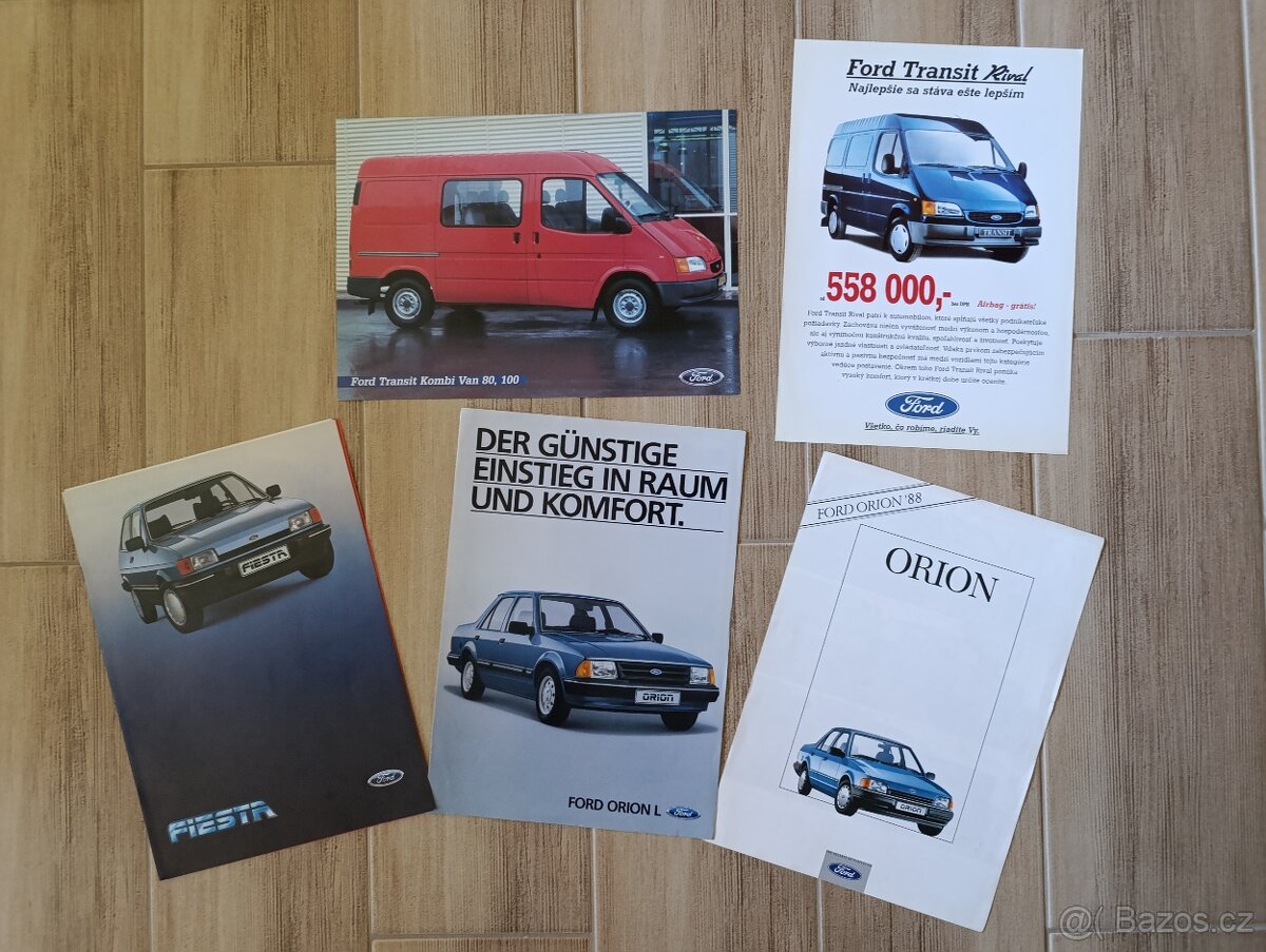 Prospekty Ford Escort Cortina Taunus a další 60.-90. léta.