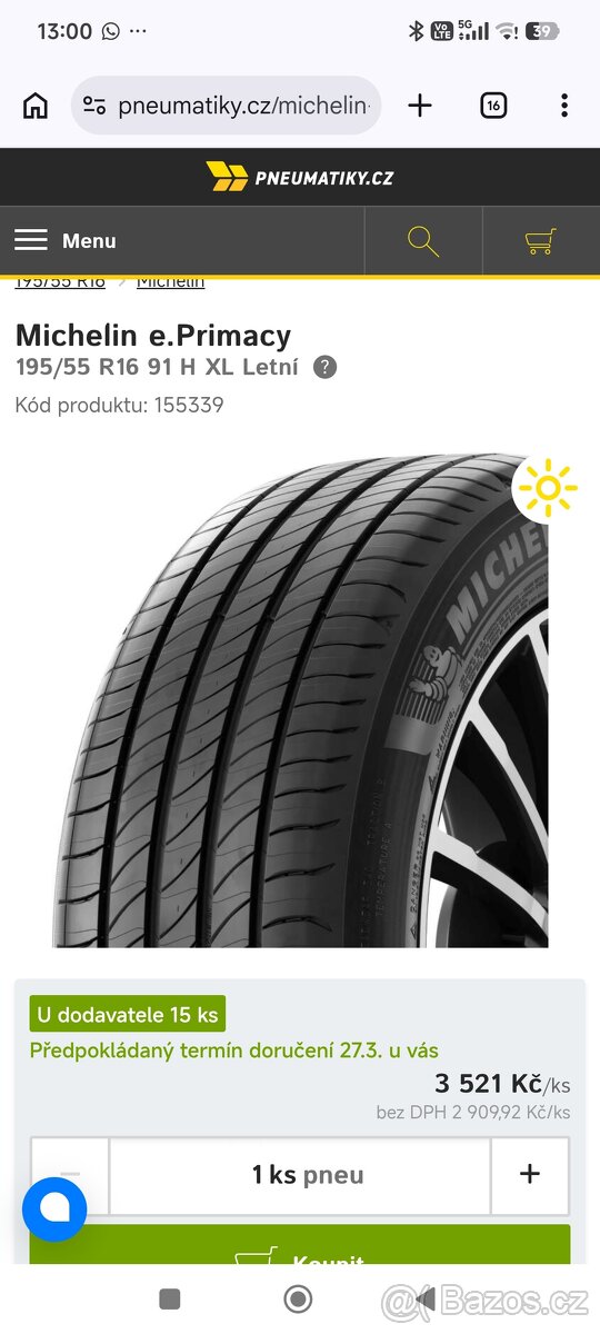 Prodám letní Michelin e primacy 195/55/16 - 5