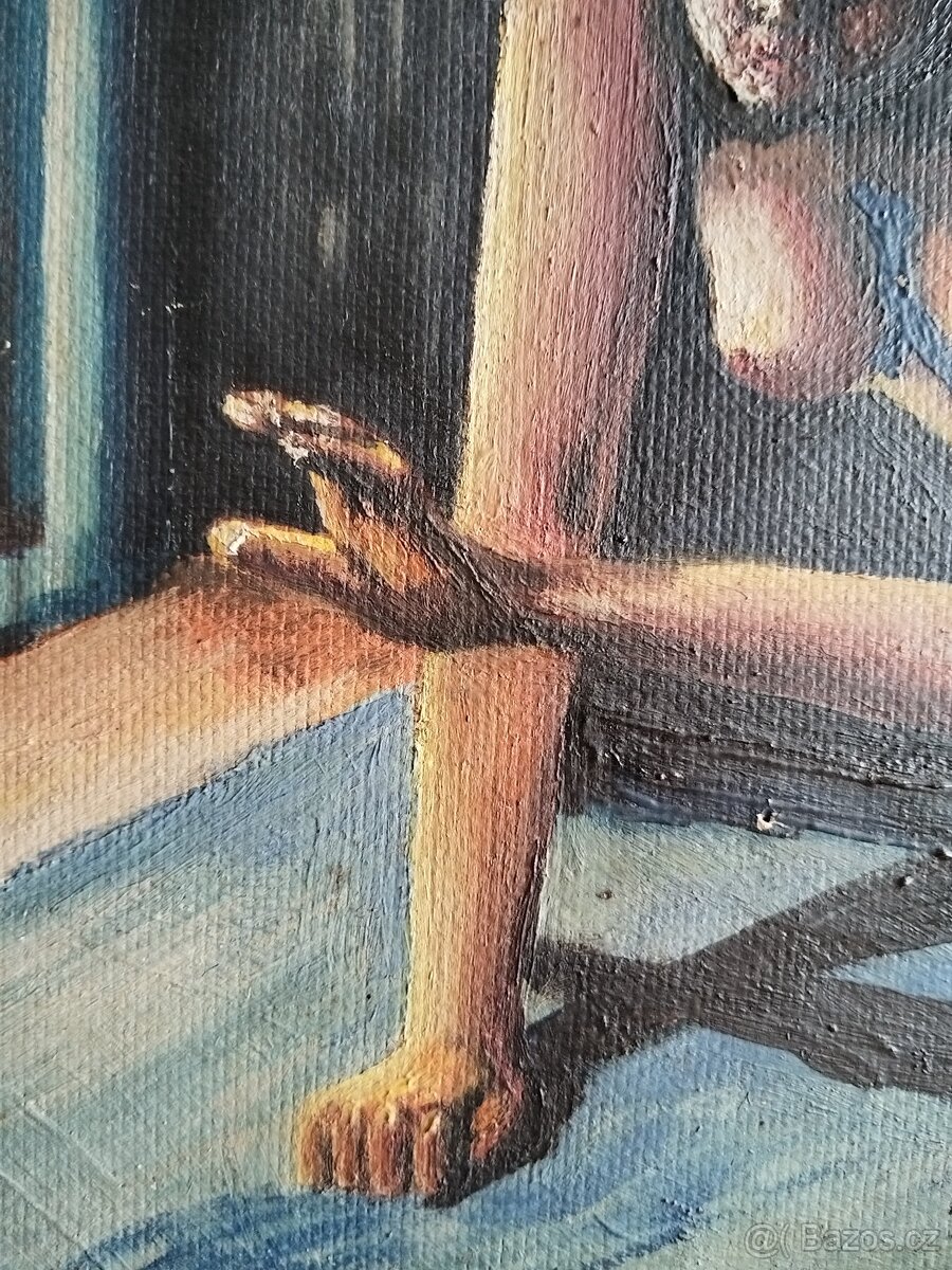 obraz DÍVKA U KRBU, akt, olej, sign. Hájek - 5