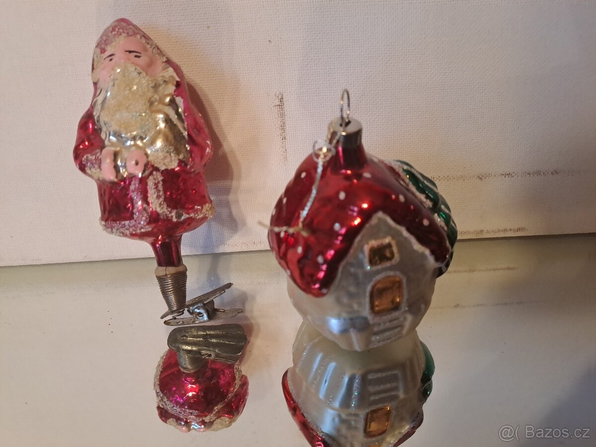 Starožitné vánoční ozdoby Santa Claus a domek - 5