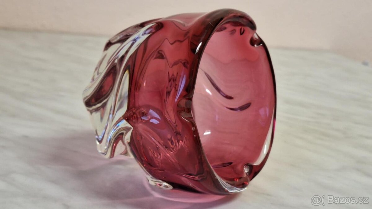 MASIVNÍ RŮŽOVÝ POPELNÍK STARÉ HUTNÍ SKLO. TOP STAV. - 5