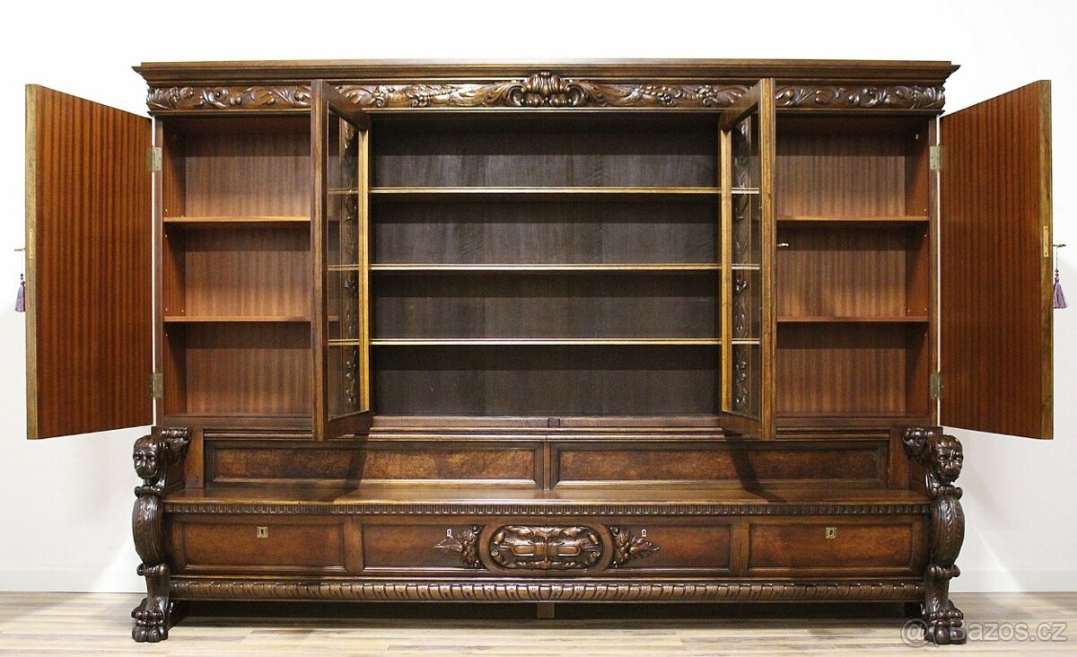 Starožitná neorenesanční knihovna s lavící - tlapy - 5