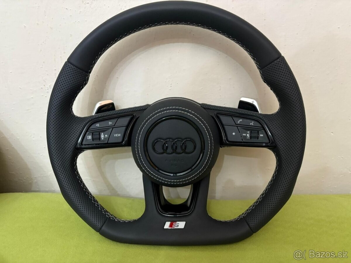 AUDI KOŽENÝ EXCLUSIVE VOLANT + AIRBAG + F1 PADLA BIELA NITKA - 5