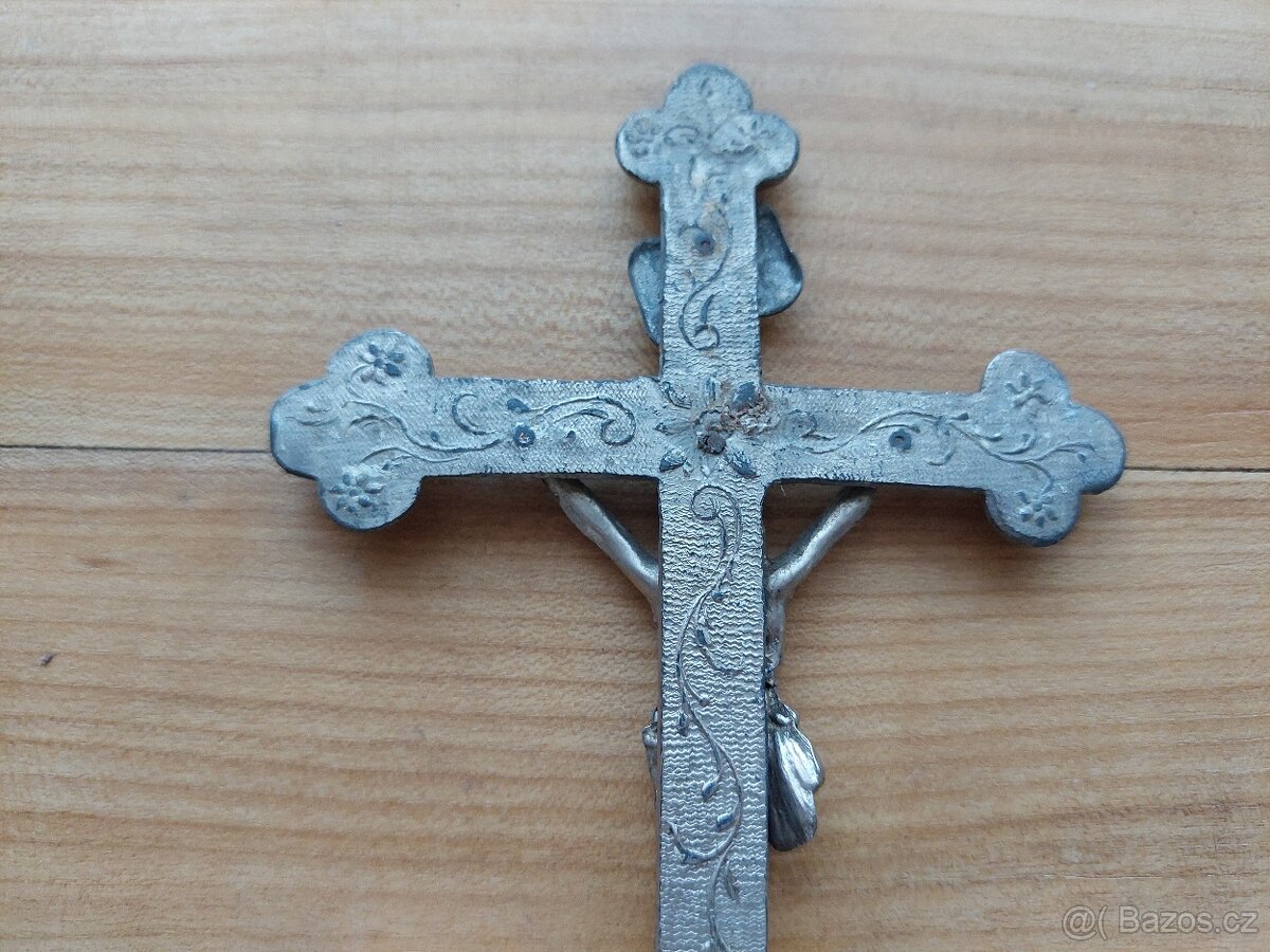 Starožitný krucifix, retro kovový křížek Ježíš INRI - SLEVA - 5