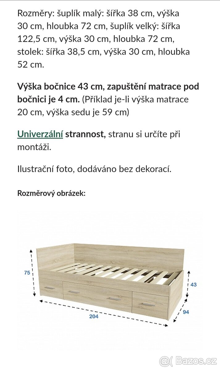 Prodám postel s uložnými prostory a nočním stolkem - 5