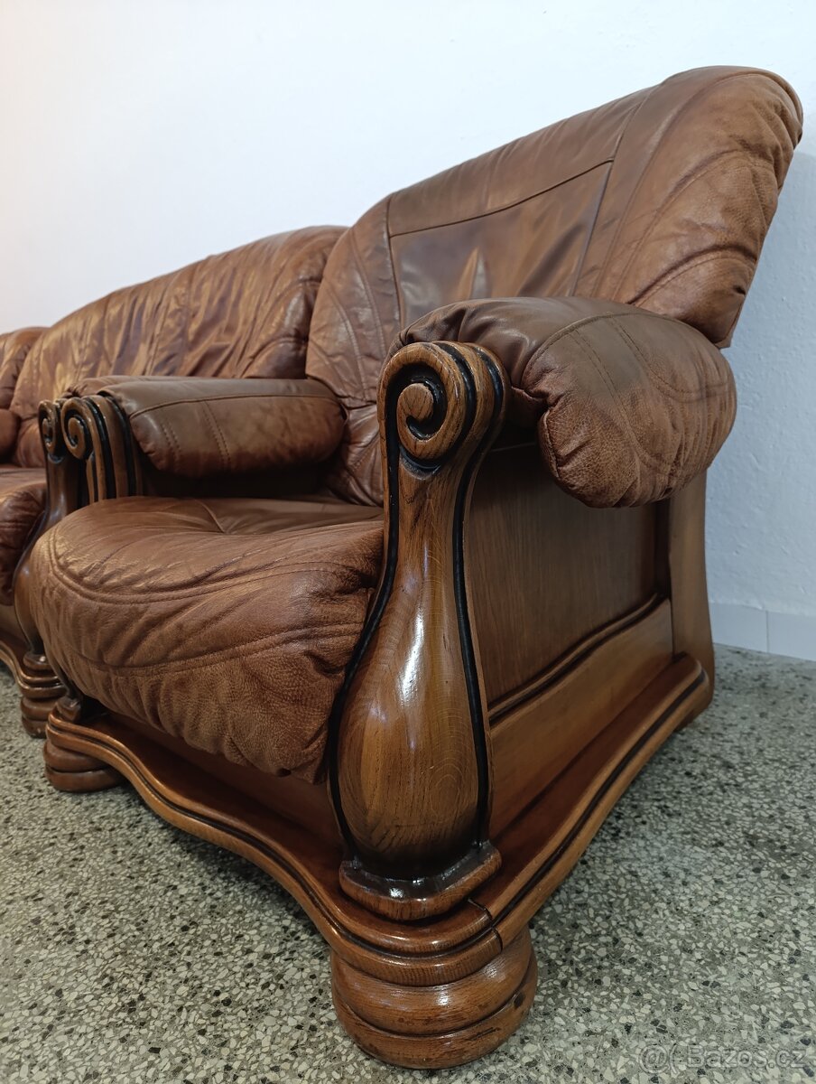 Kožená sedací souprava 3 + 2 + 1, nábytek z masívu - 5