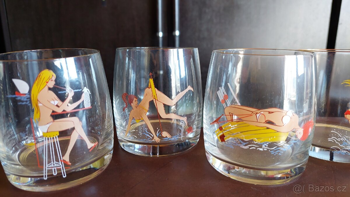 Retro malované sklenice 6 ks, slečny - 5