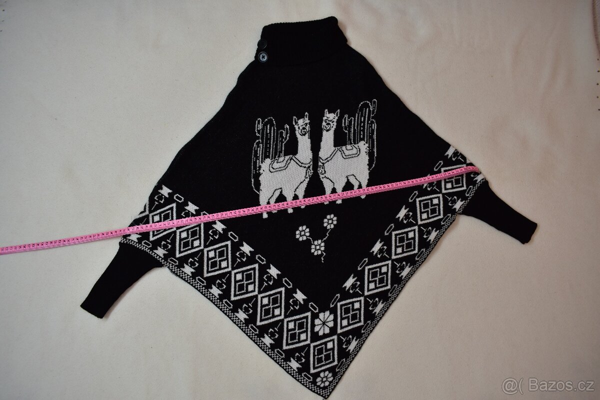 Pončo - Chile s vlnou alpaka černé/bílé s rukávy - 5