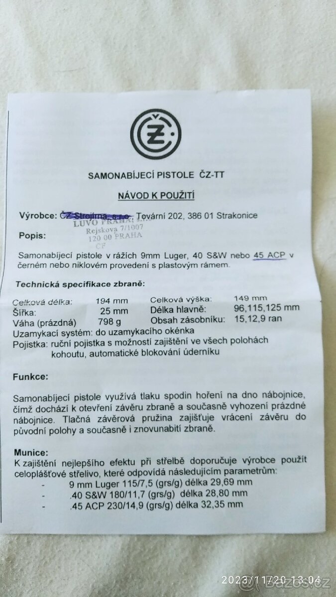 Pistole ČZ Strakonice TT 45 ACP - 5