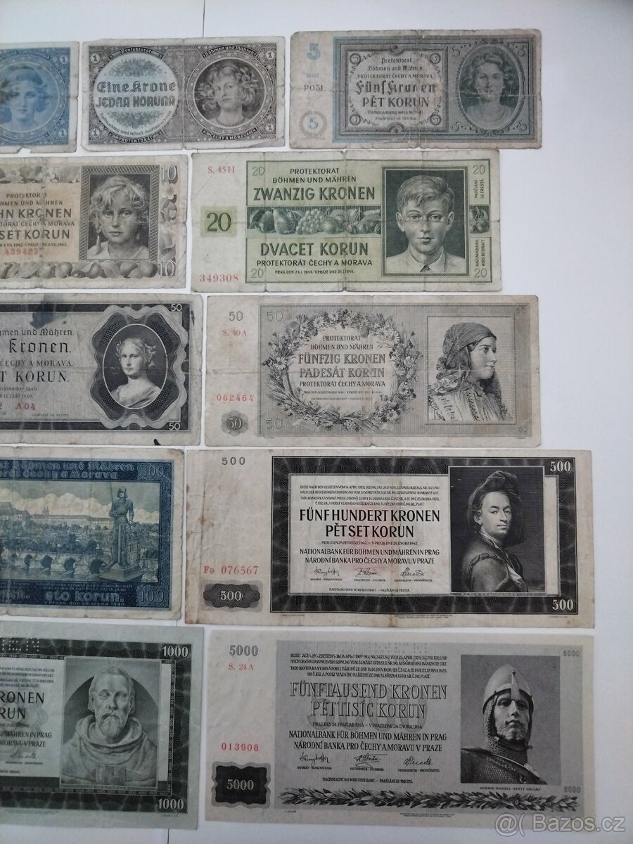 Bankovky Československo - sada ČSR - Protektorát - válka - 5