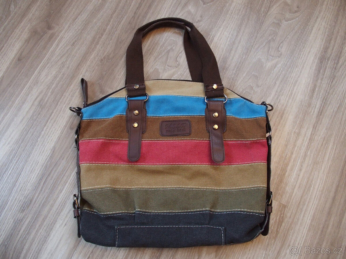 Pruhovaná látková kabelka hnědo-khaki-růžovo-modrá - 5