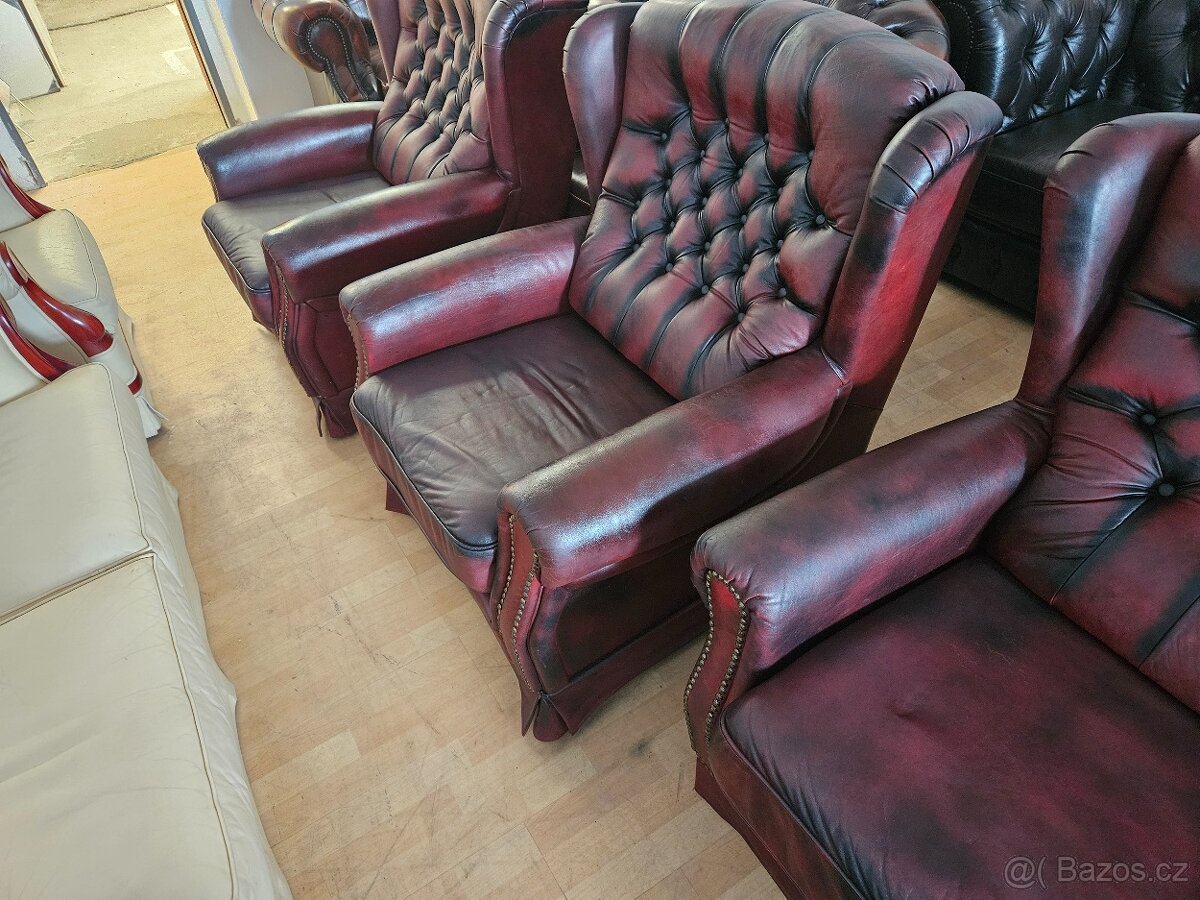 CHESTERFIELD ŠTÝL,KOŽENÁ 3 GAUĆ+2 KRESLÁ UŠÁK - 5