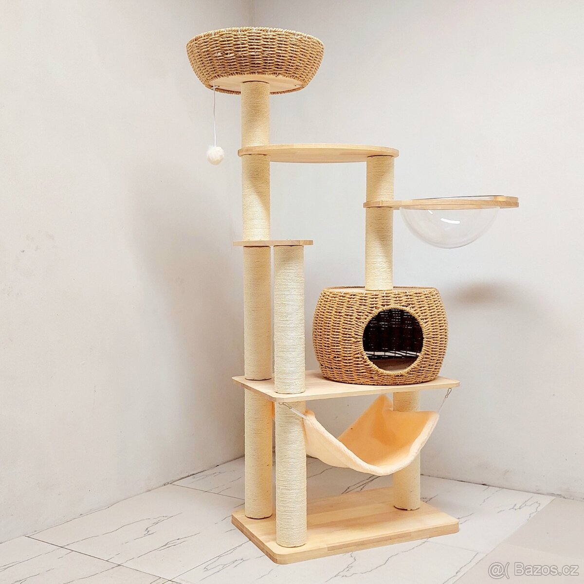 142 cm přírodní škrabadlo pro kočky s pelíškem - nové - 5
