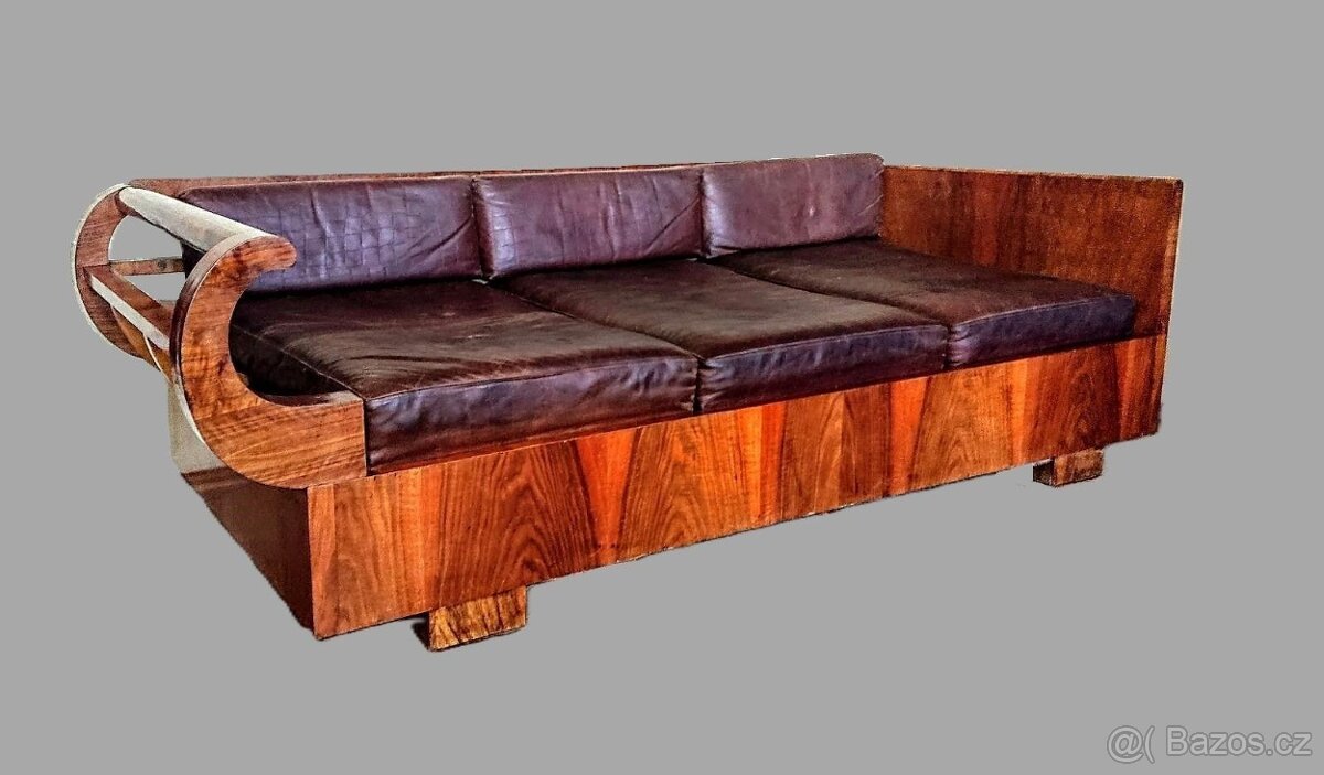 TOP designový gauč - ART DECO - Halabala - ořech, kůže - 5