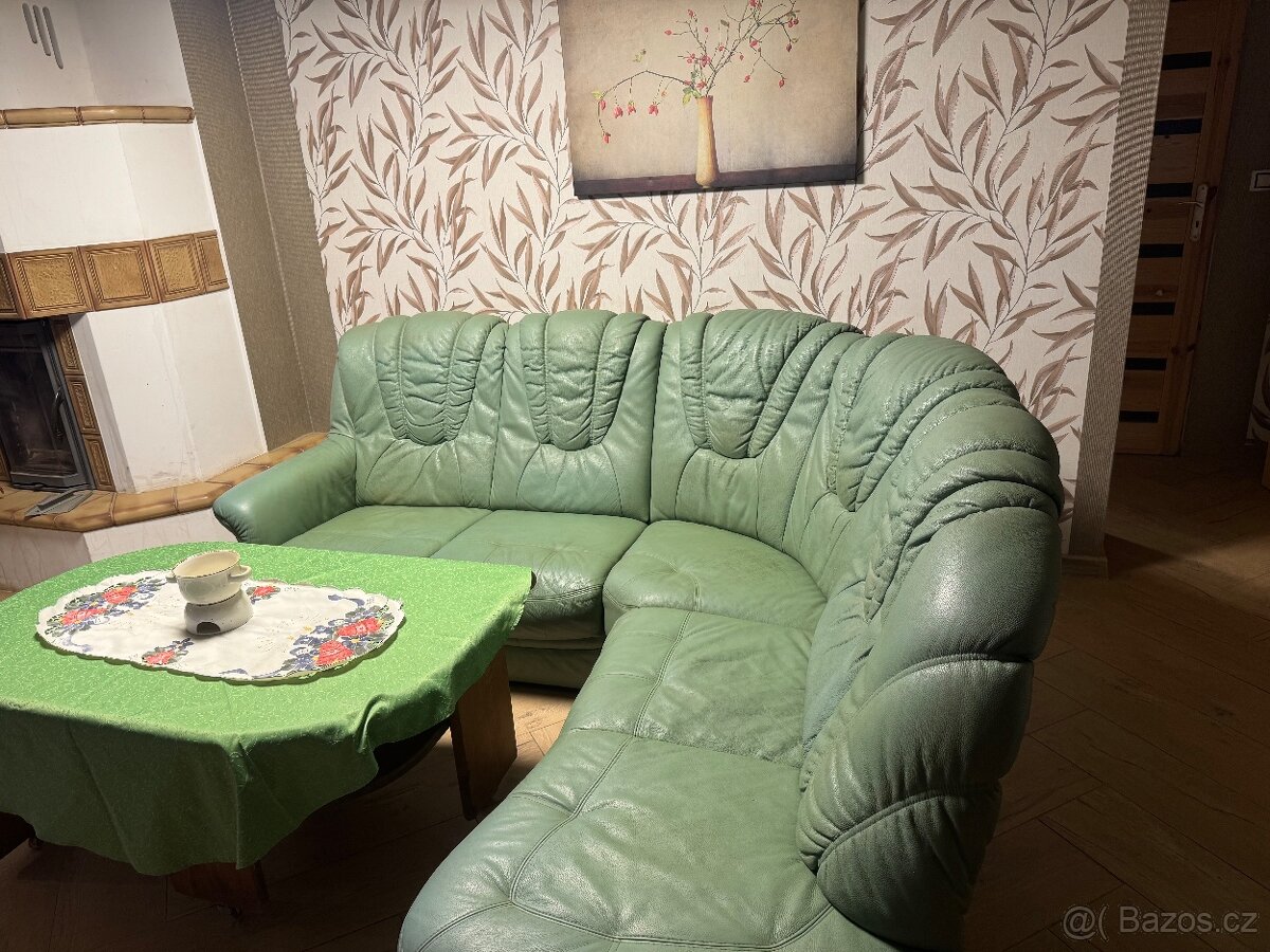 Kožená sedačka hrášková zeleň rohová - 5