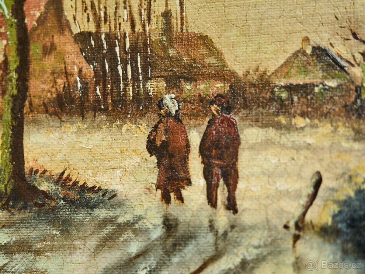 Zimní krajina s postavami na zamrzlé řece, olej na dřevěné d - 5