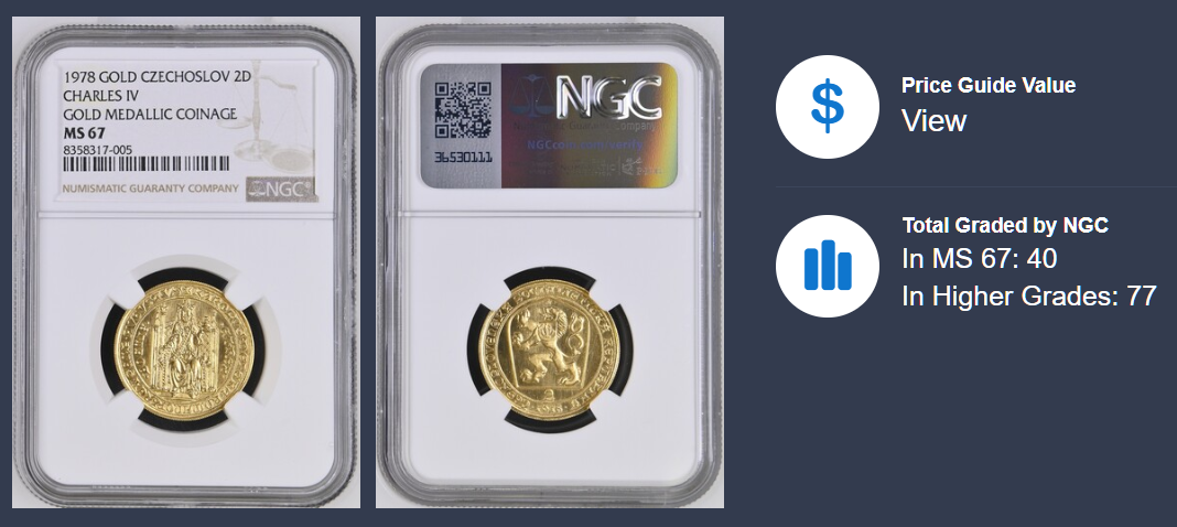 Zlatý československý 2 dukát Karel IV. 1978 NGC MS67 - 5