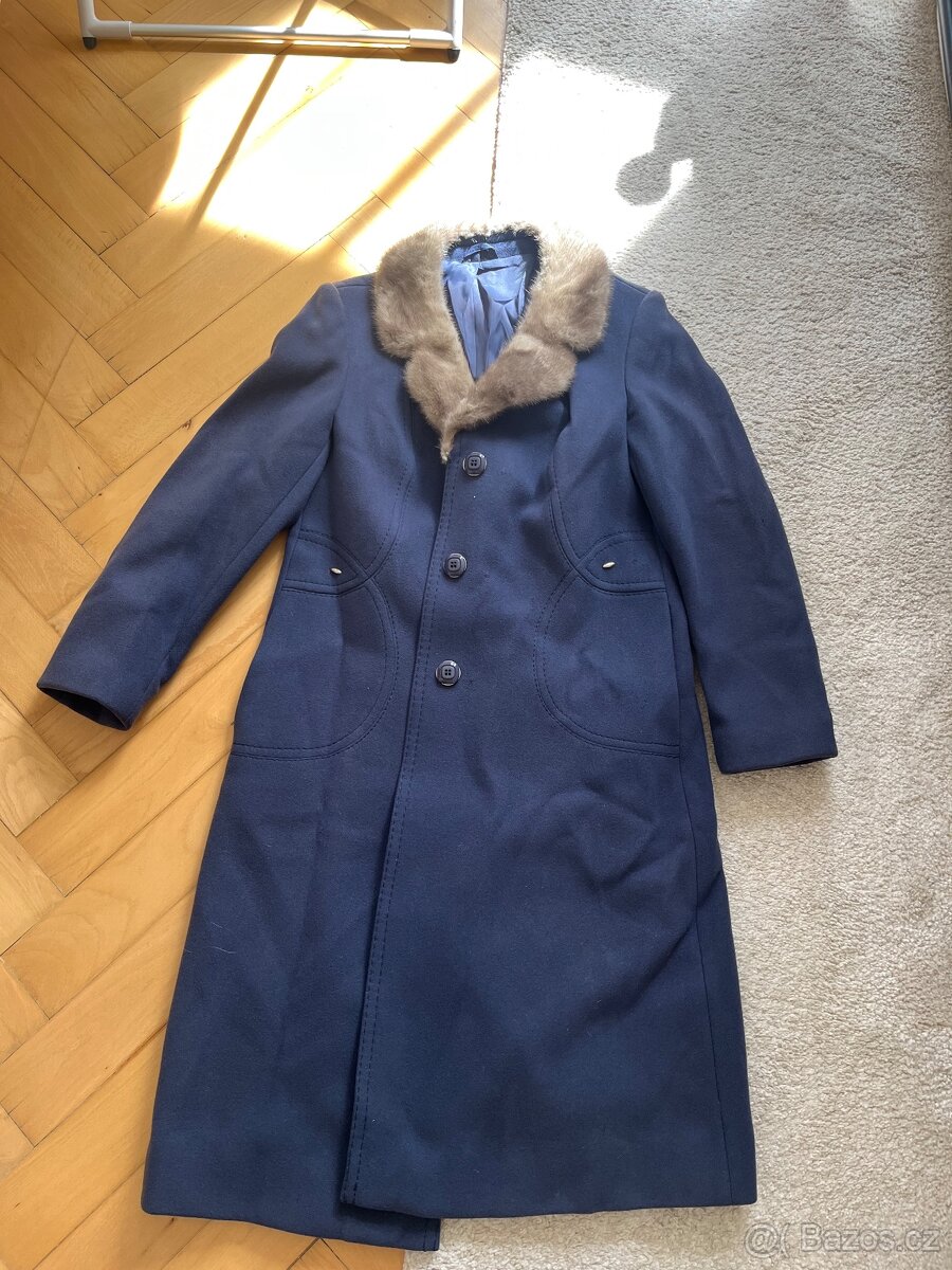 Vlněný vintage kabát s norkovou kožešinou M - 5
