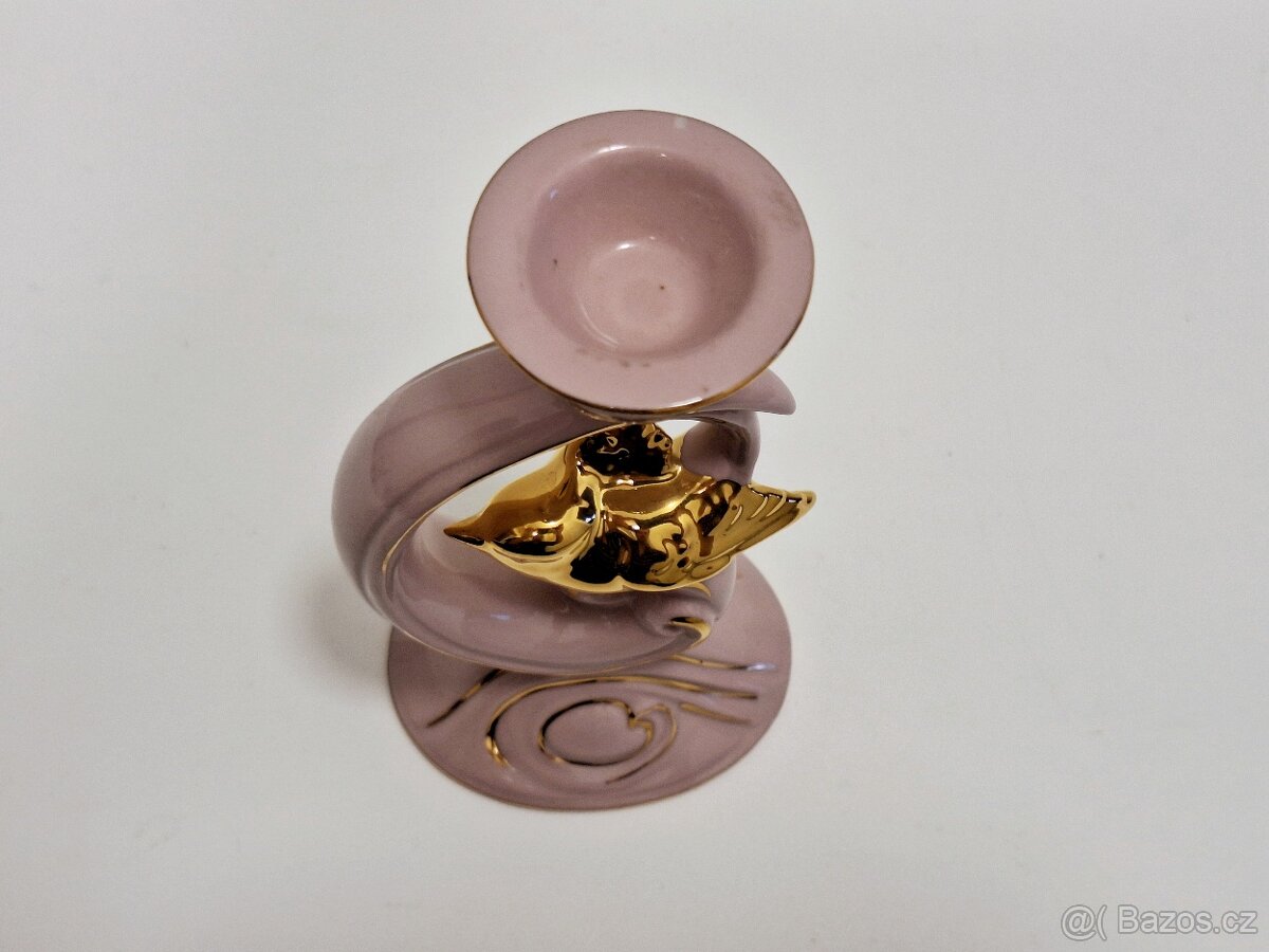 Růžový porcelán - Chodov- svícen zlacený - 5