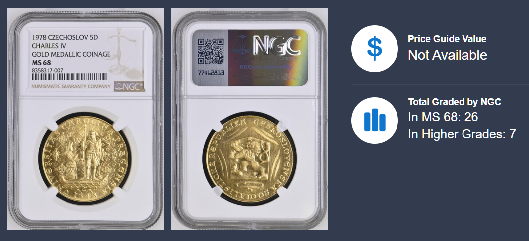 Zlatý československý 5 dukát Karel IV. 1978 NGC MS68 - 5