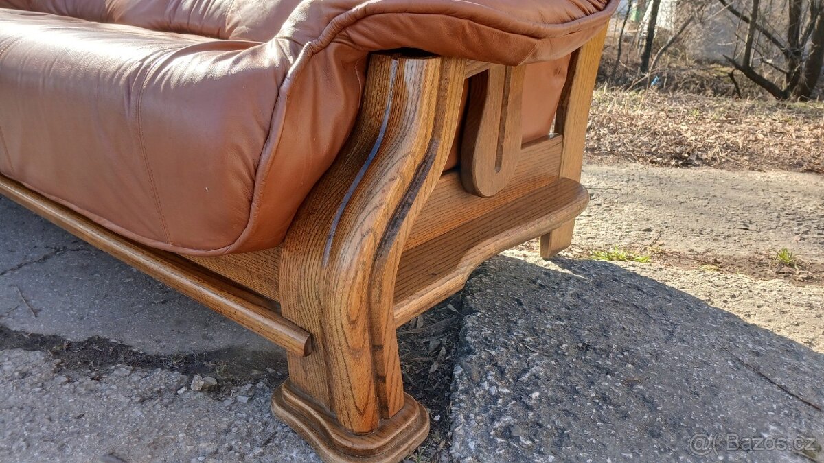 Kožená sedací souprava 3+2 s masivním dřevem - 5