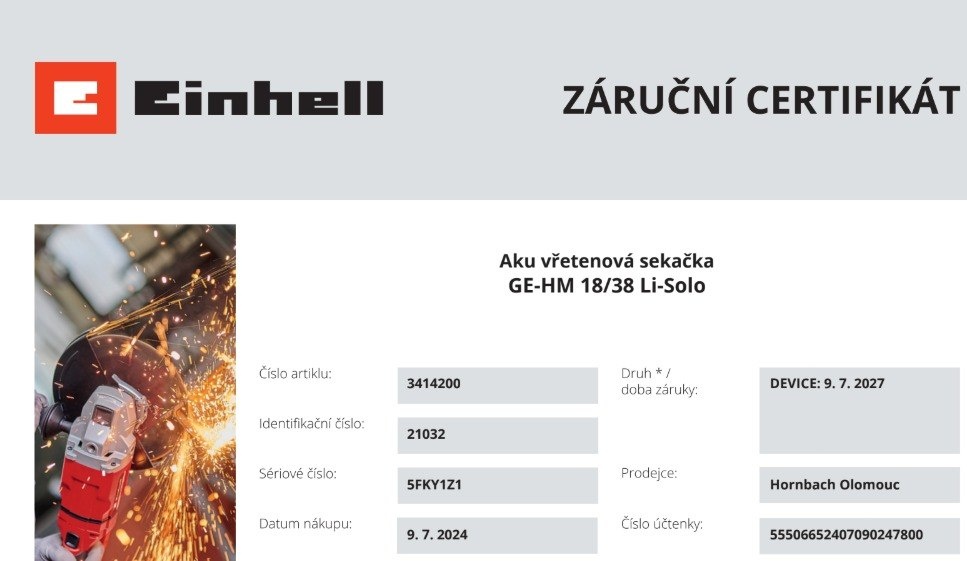 Vřetenová akumulátorová sekačka Einhell - 5