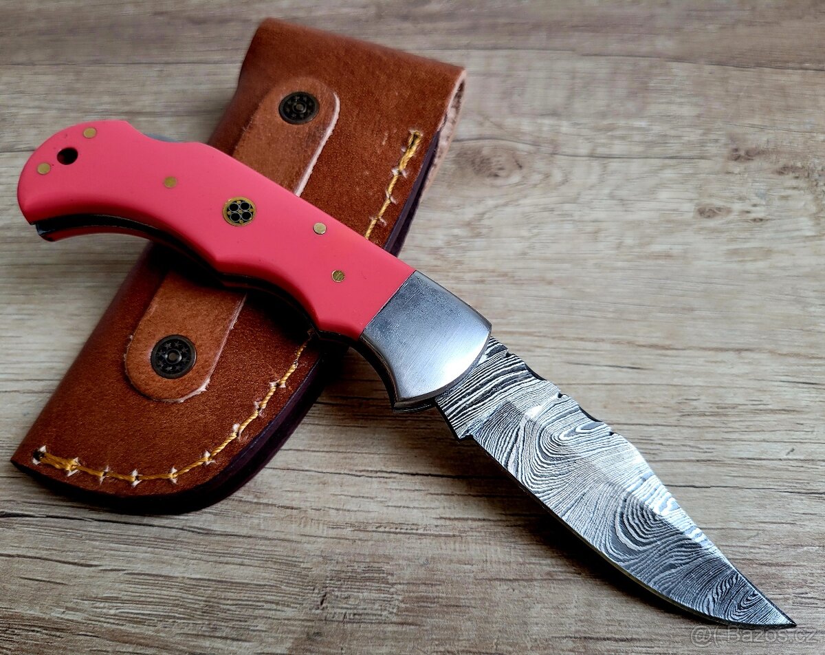 růžový Damaškový nůž CLASSIC 16,5cm, ručně vyroben + pouzdro - 5