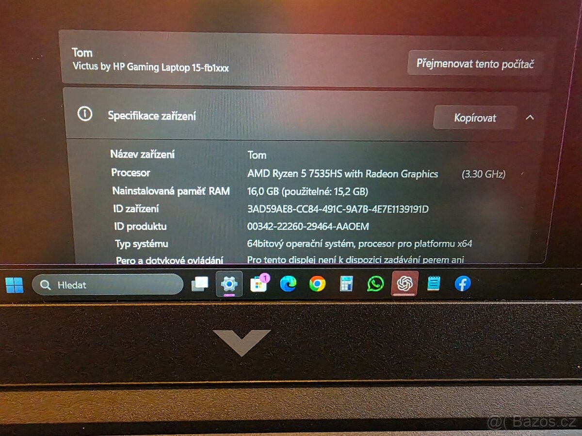 Notebook HP Victus 15, top stav , záruka rok - 5