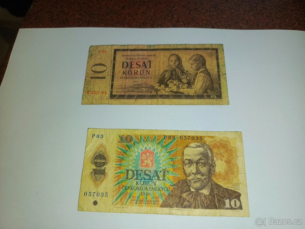 Bankovky Československo - 2 x 100 kčs,10 kčs,10 kčs a 500 kč - 5